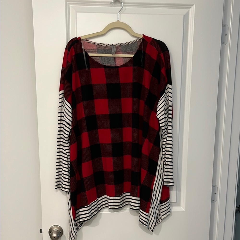 NWOT Honeyme Red and Black Plaid Tunic with Striped Sleeves